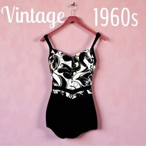 Vintage 60s One piece Black white print Swimsuite SZ 12 Robbie Len Label